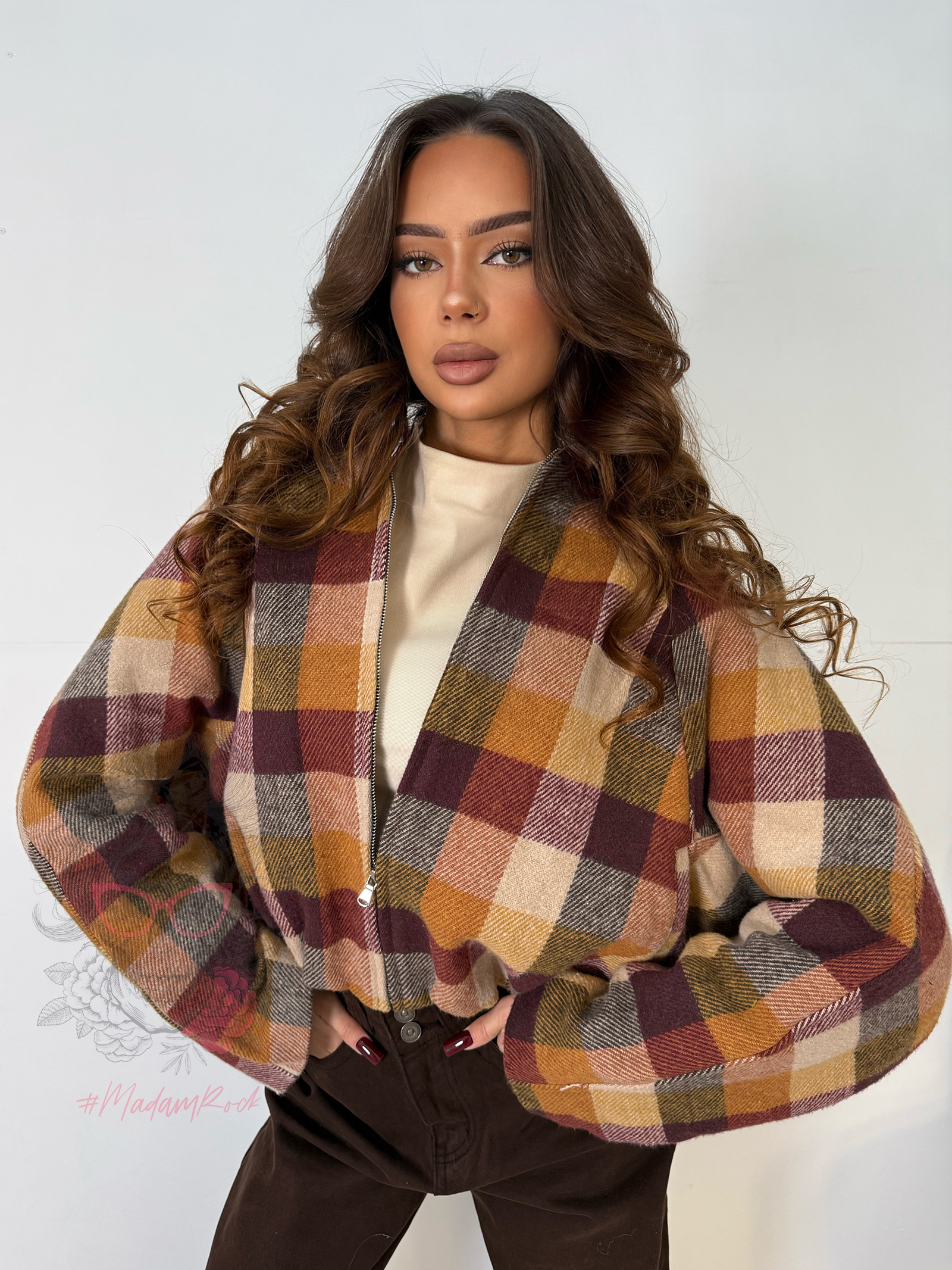 Kurtka flauszowa w kratę Autumns beżowo-bordowa