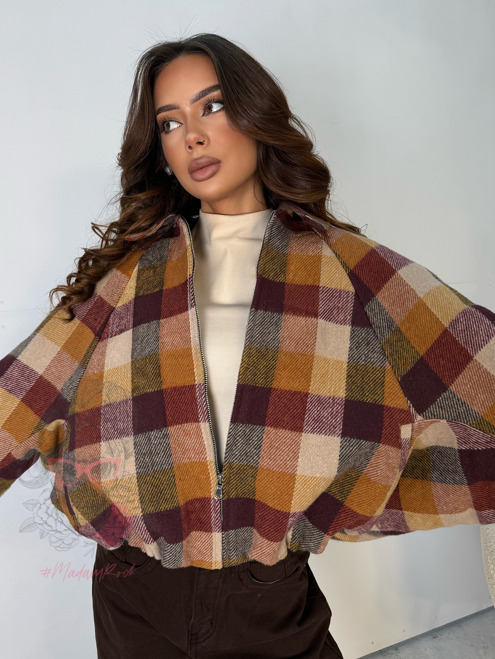 Kurtka flauszowa w kratę Autumns beżowo-bordowa