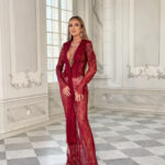 Komplet koronkowy - bluzka +spodnie NB Semejdi bordowy