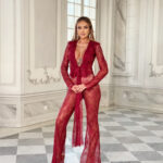 Komplet koronkowy - bluzka +spodnie NB Semejdi bordowy