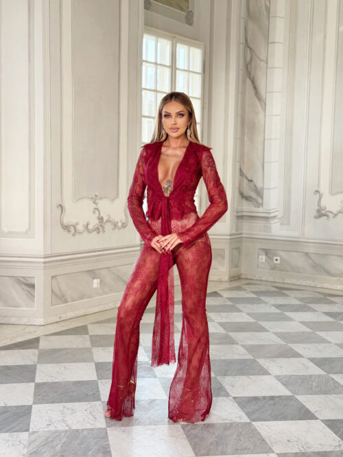 Komplet koronkowy - bluzka +spodnie NB Semejdi bordowy