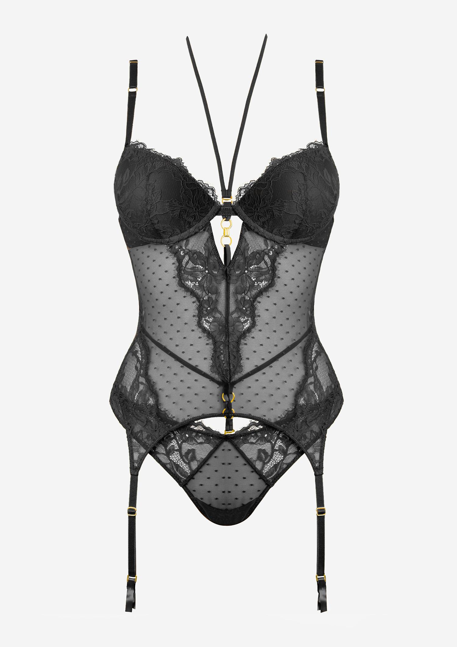 Koronkowy zestaw bielizny damskiej czarny- gorset z brazylianami