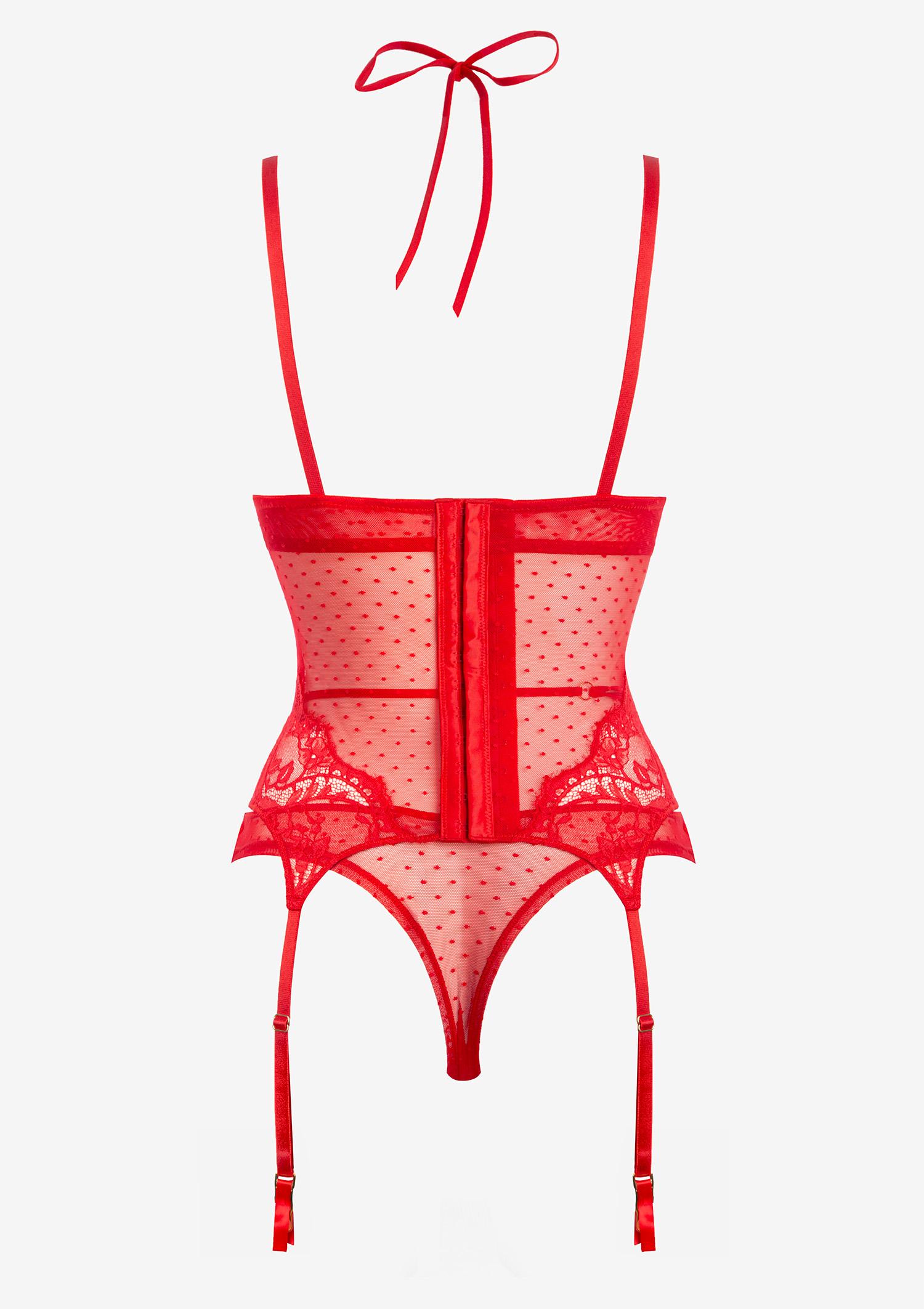 Koronkowy zestaw bielizny damskiej czerwony- gorset z brazylianami Koronkowy zestaw bielizny damskiej czerwony- gorset z brazylianami
