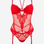 Koronkowy zestaw bielizny damskiej czerwony- gorset z brazylianami