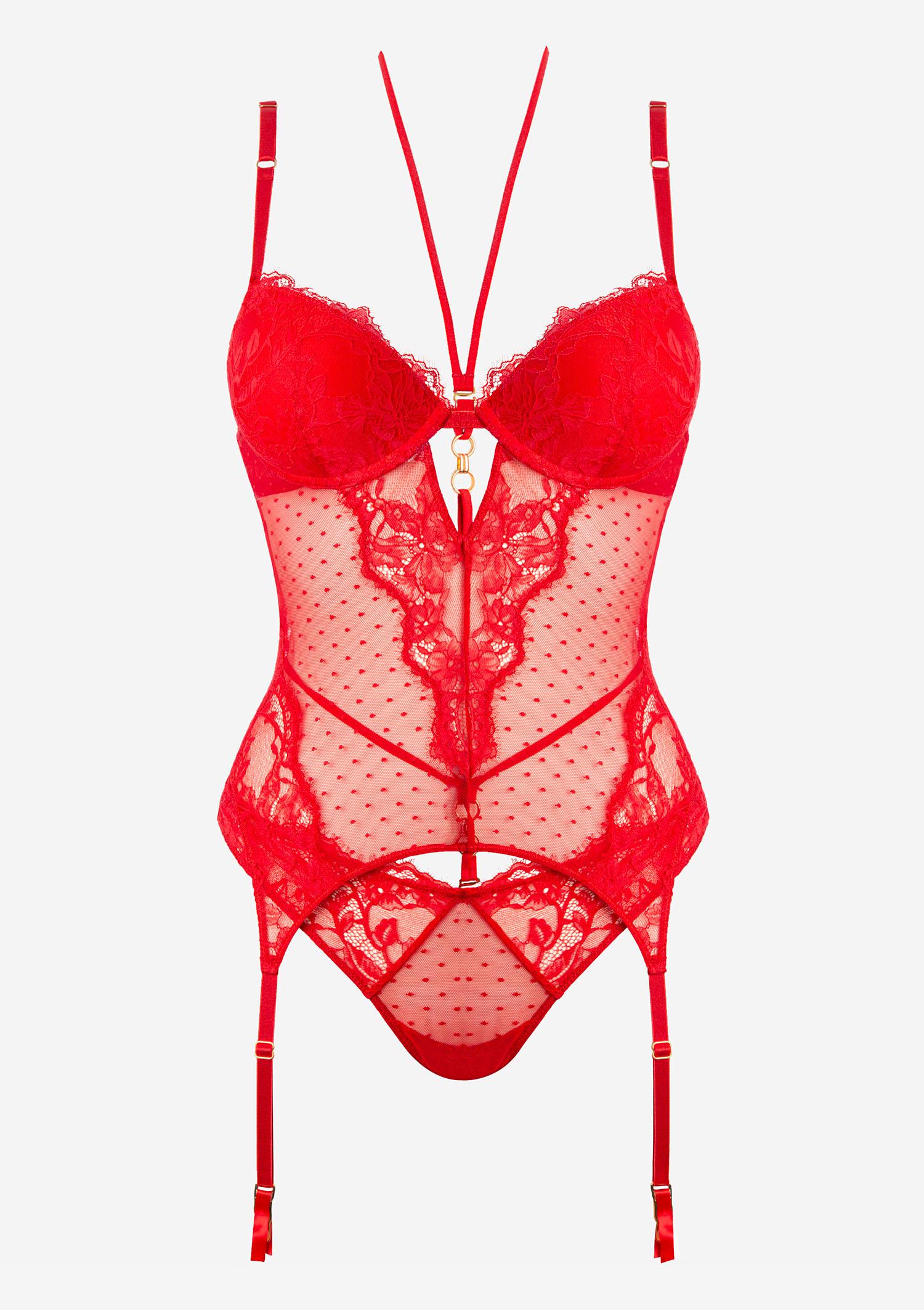 Koronkowy zestaw bielizny damskiej czerwony- gorset z brazylianami