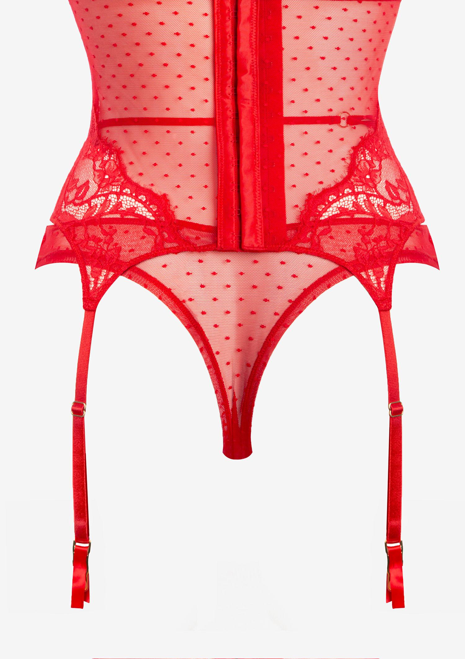 Koronkowy zestaw bielizny damskiej czerwony- gorset z brazylianami Koronkowy zestaw bielizny damskiej czerwony- gorset z brazylianami