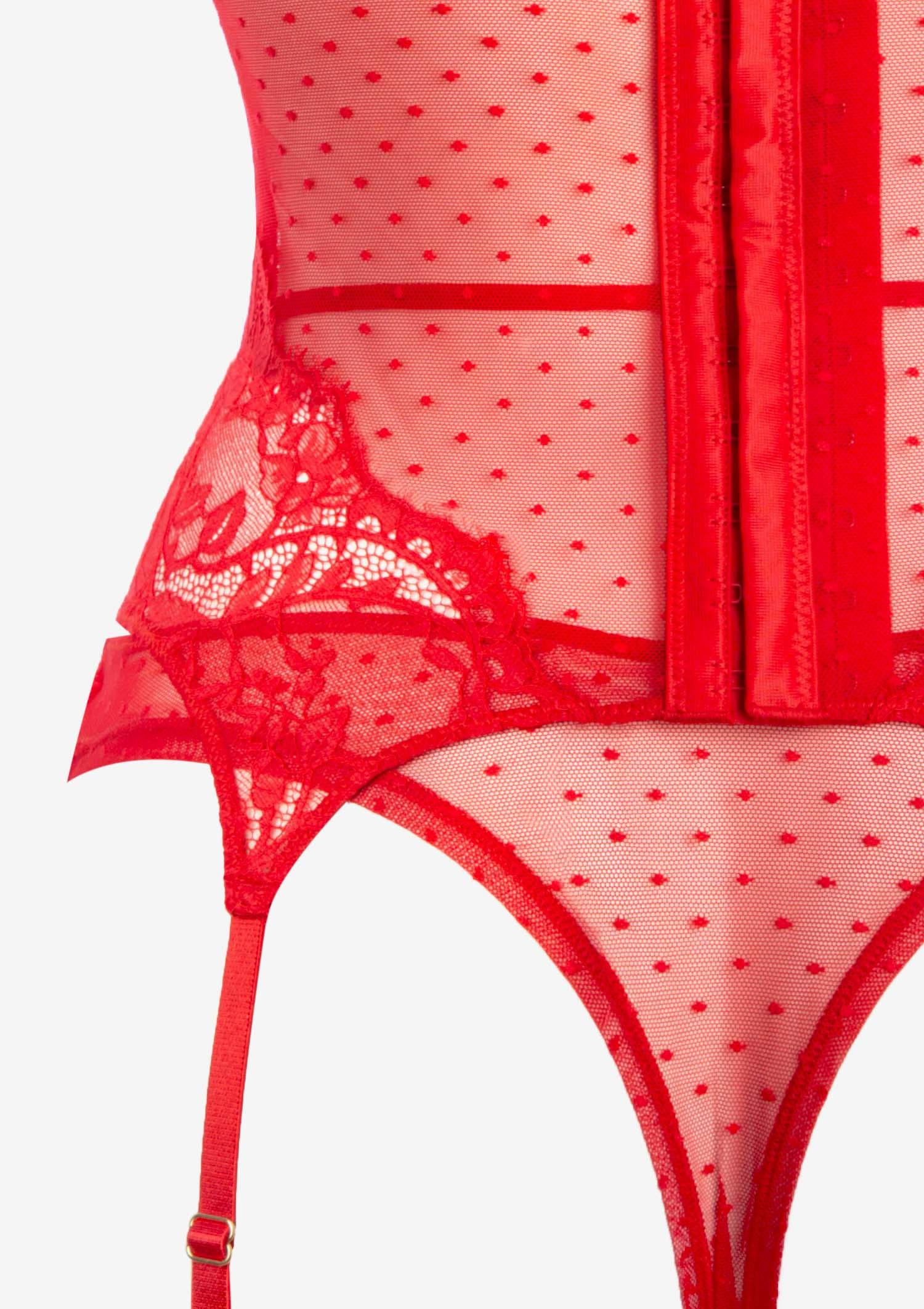 Koronkowy zestaw bielizny damskiej czerwony- gorset z brazylianami Koronkowy zestaw bielizny damskiej czerwony- gorset z brazylianami