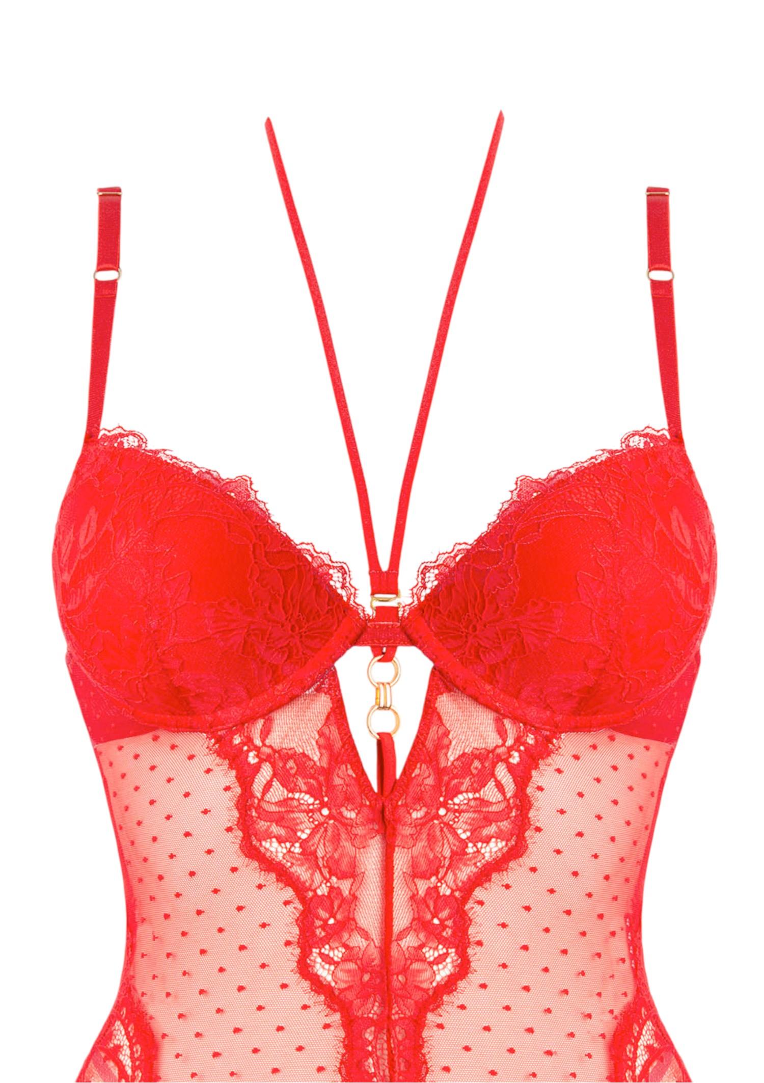 Koronkowy zestaw bielizny damskiej czerwony- gorset ze stringami