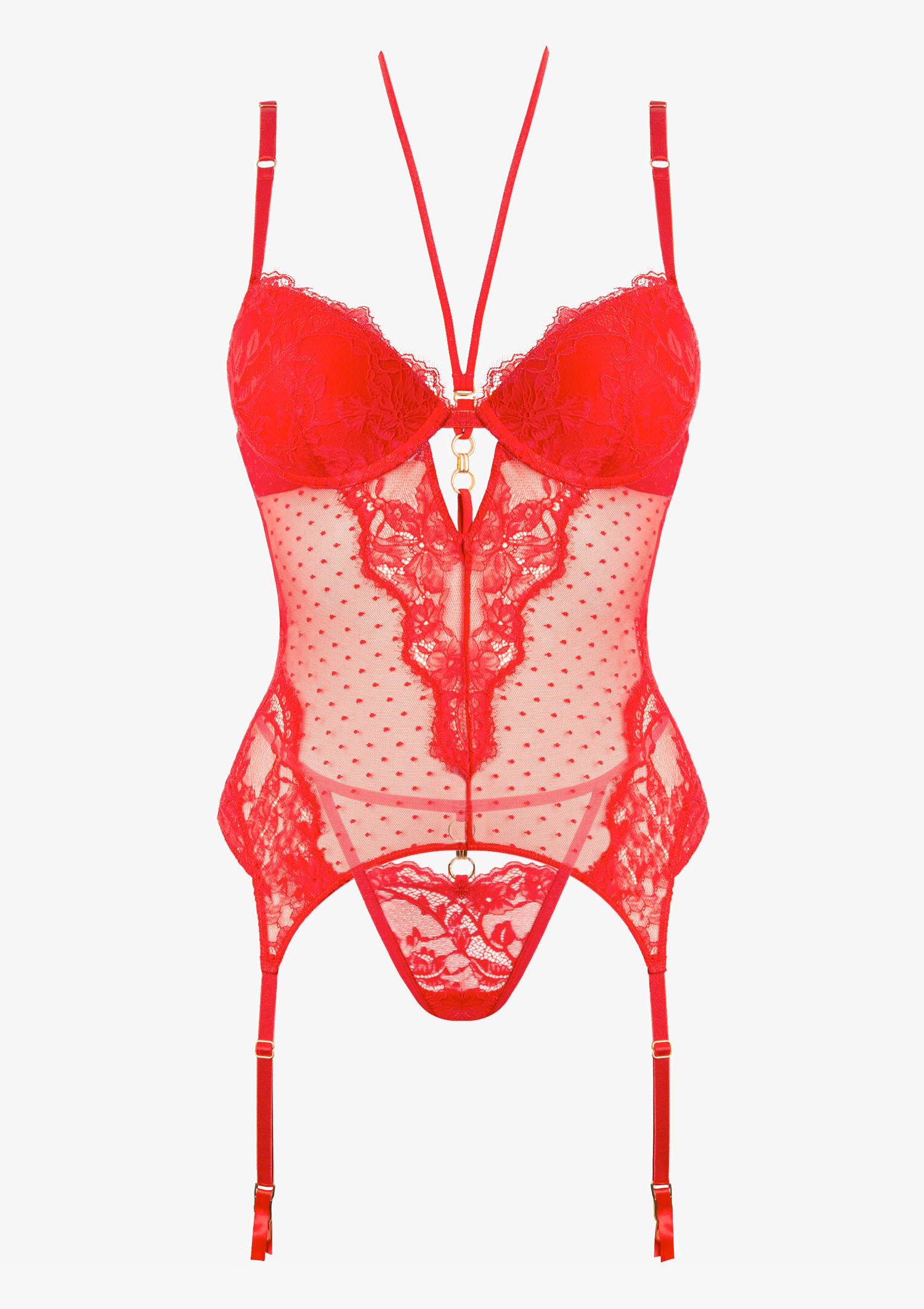 Koronkowy zestaw bielizny damskiej czerwony- gorset ze stringami