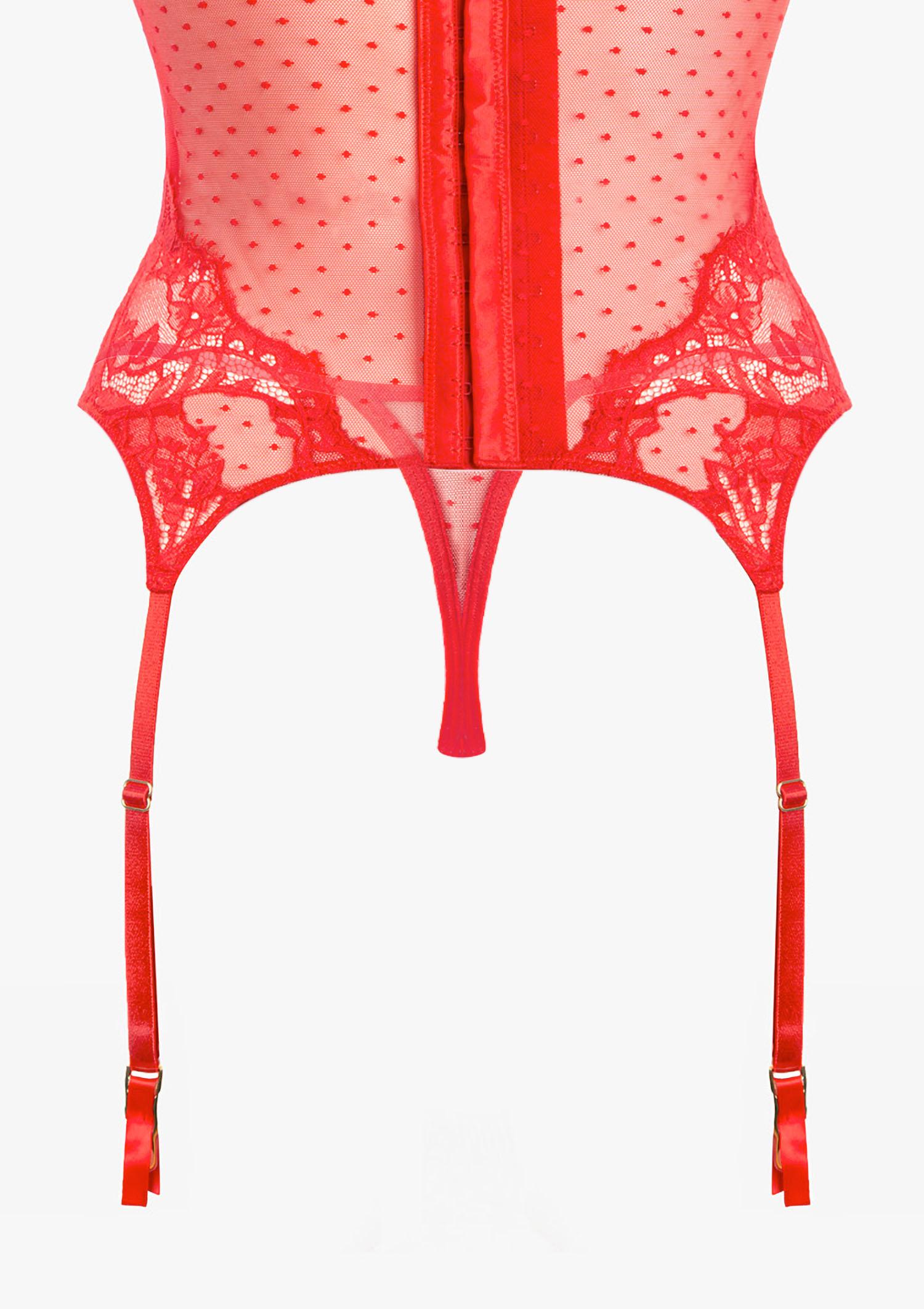 Koronkowy zestaw bielizny damskiej czerwony- gorset ze stringami