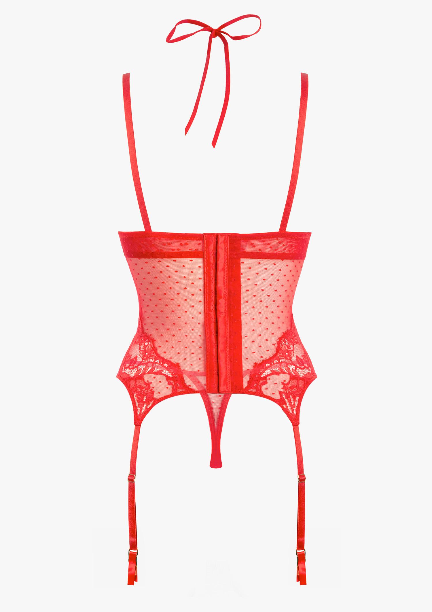 Koronkowy zestaw bielizny damskiej czerwony- gorset ze stringami