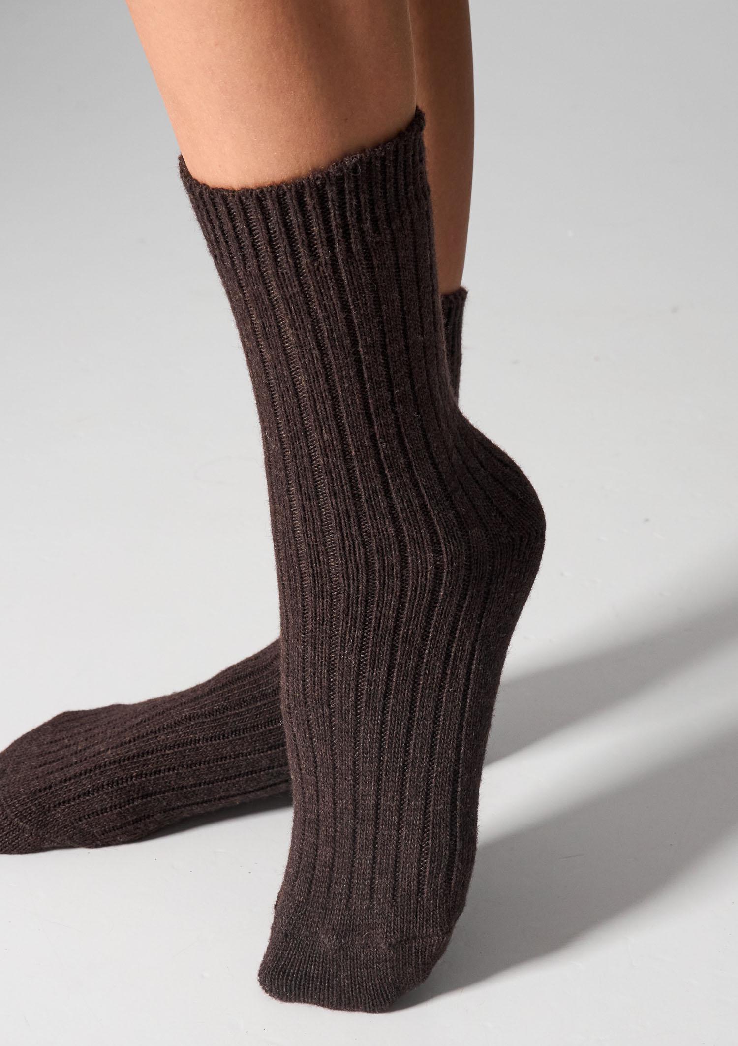 Skarpetki damskie z wełną merynosów i kaszmirem brązowe