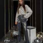 Spodnie jeansowe ze złotą farbą Silien granatowe