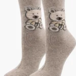 Skarpetki damskie z angorą i wełną ciepłe puszyste ze wzorem misia ecru