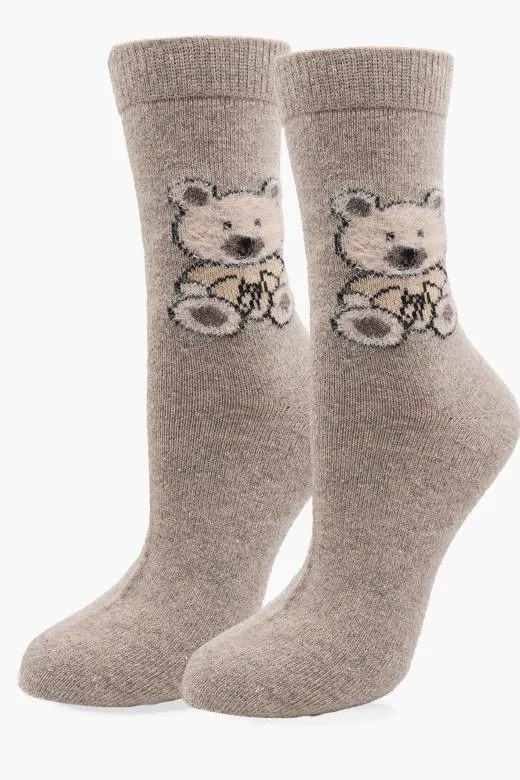 Skarpetki damskie z angorą i wełną ciepłe puszyste ze wzorem misia ecru