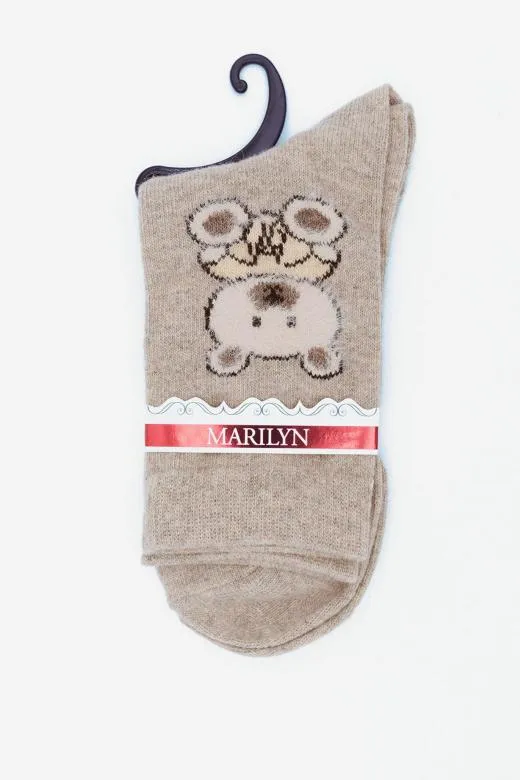 Skarpetki damskie z angorą i wełną ciepłe puszyste ze wzorem misia ecru