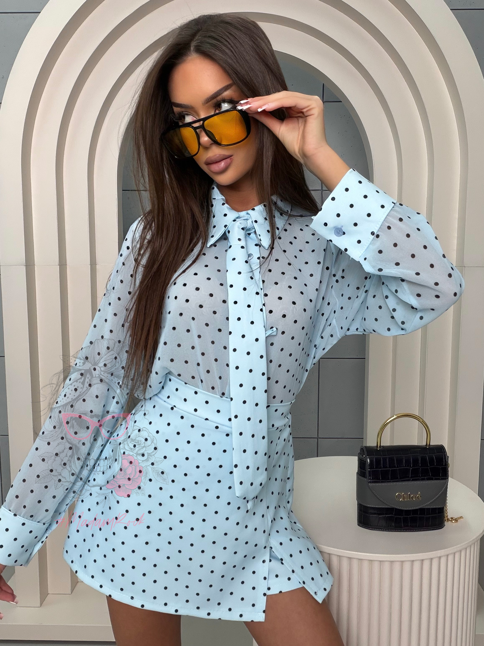 Komplet w groszki - koszula z krawatem + spódniczko-spodenki Mitti niebieski