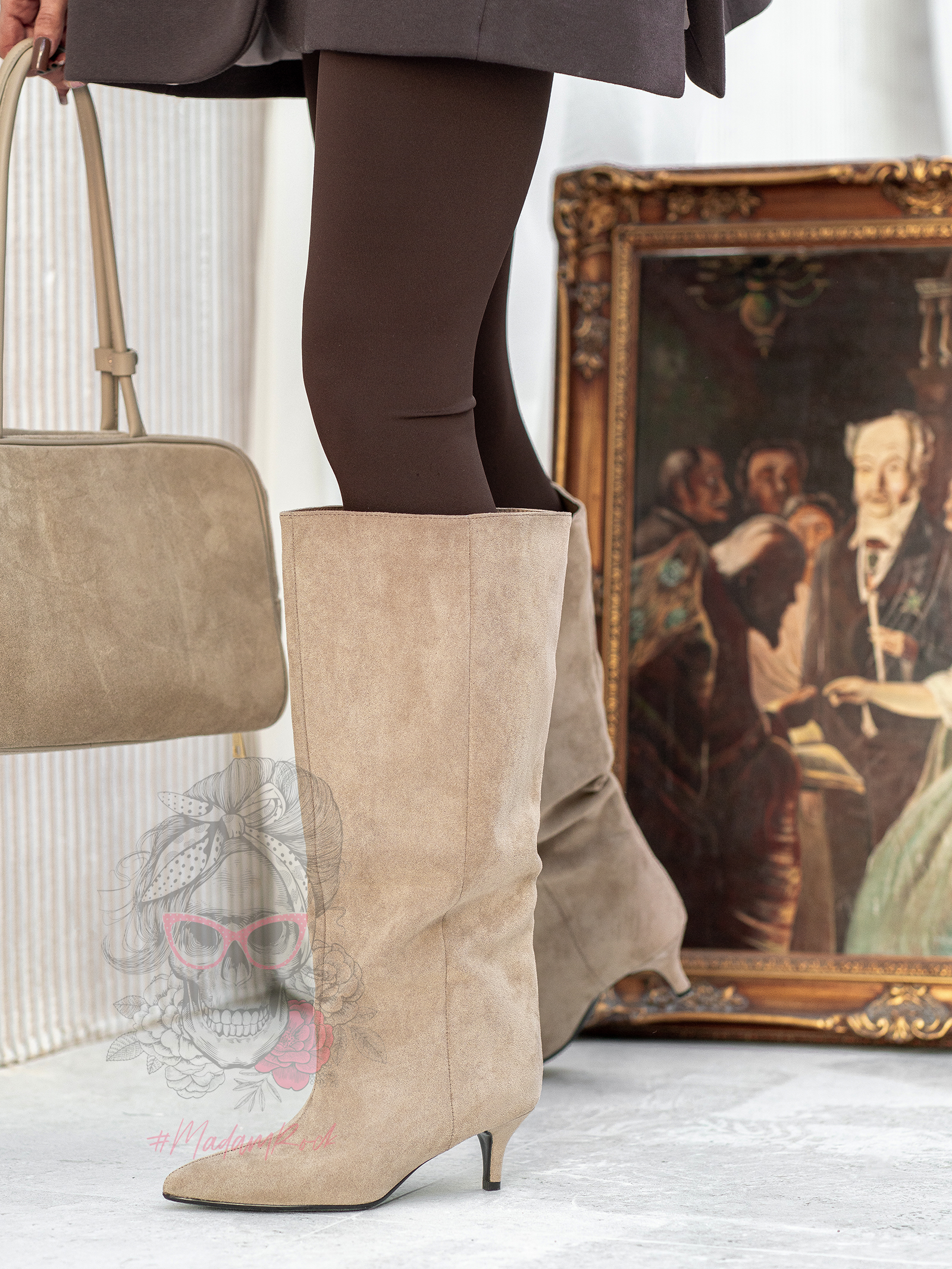 Kozaki zamszowe szpilki Madam Boldera beżowe Kozaki zamszowe szpilki Madam Boldera beżowe