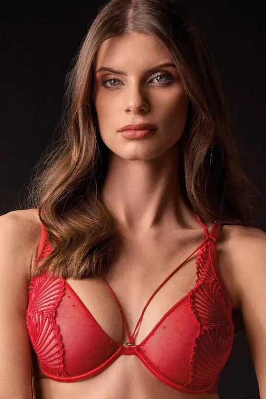 Biustonosz Velia miękki z fiszbinami tiulowy z haftem czerwony