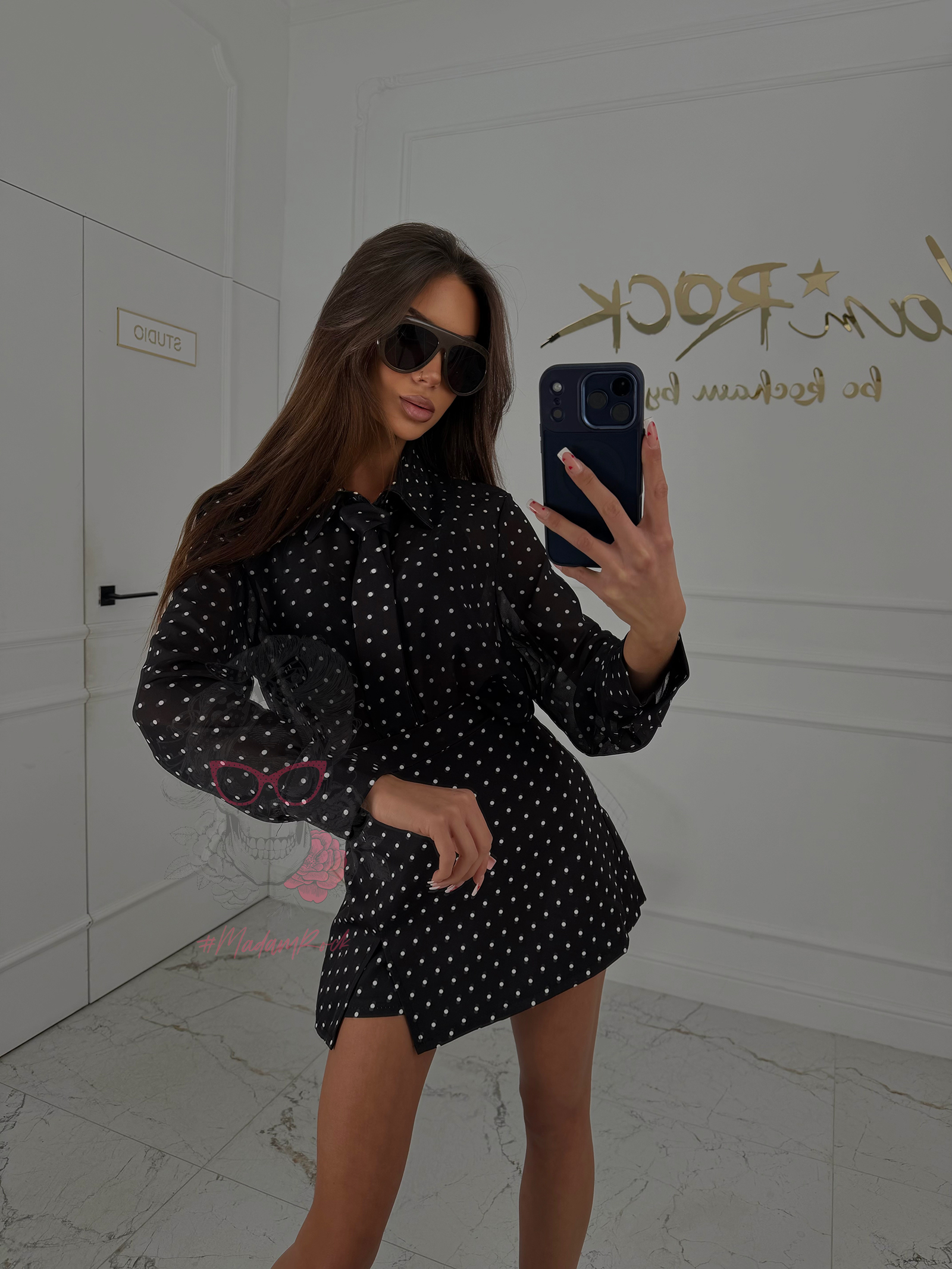 Komplet w groszki - koszula z krawatem + spódniczko-spodenki Mitti czarny