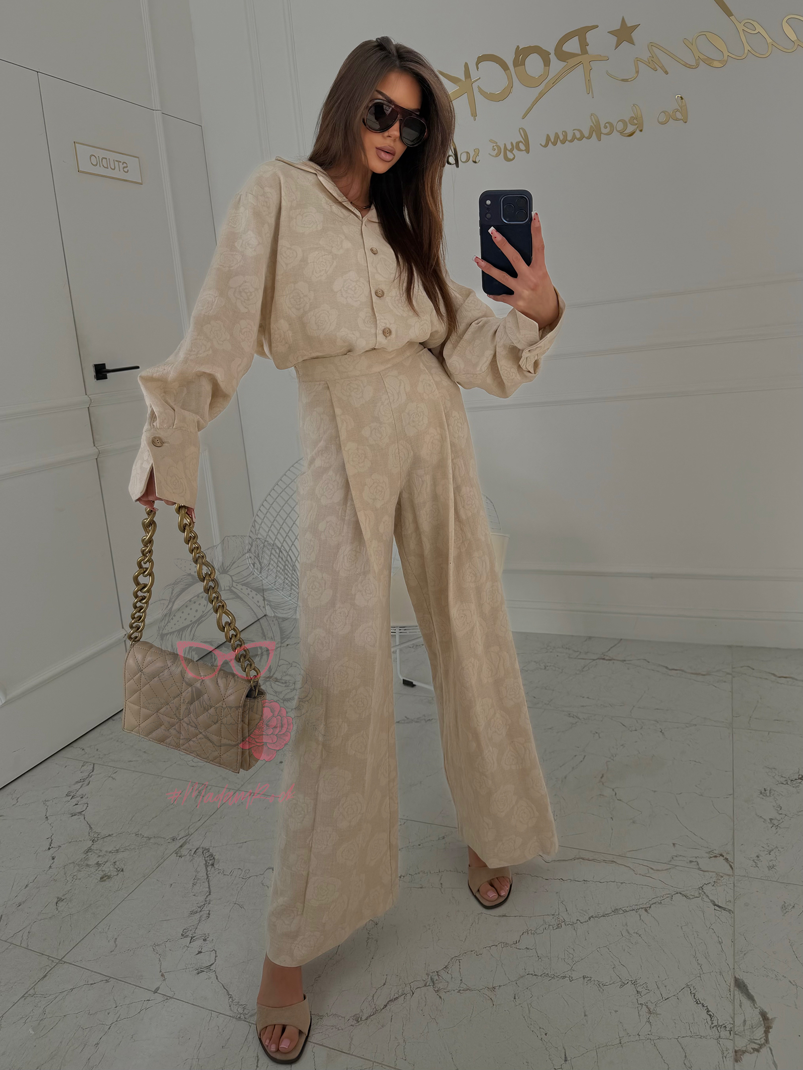 Komplet lniany spodnie + koszula Victoria Portano beżowy