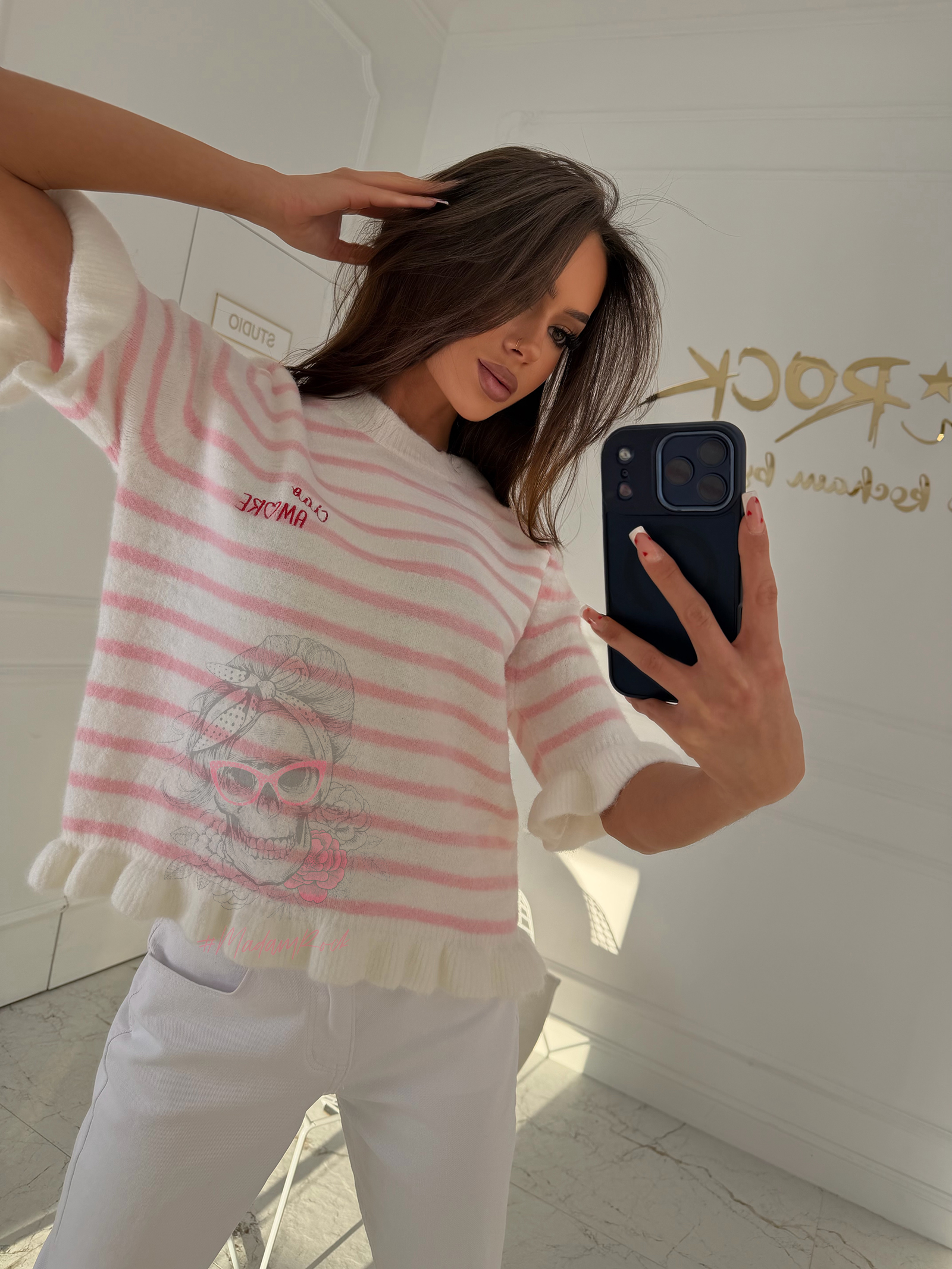 Sweter na krótki rękaw w paski Poso ecru